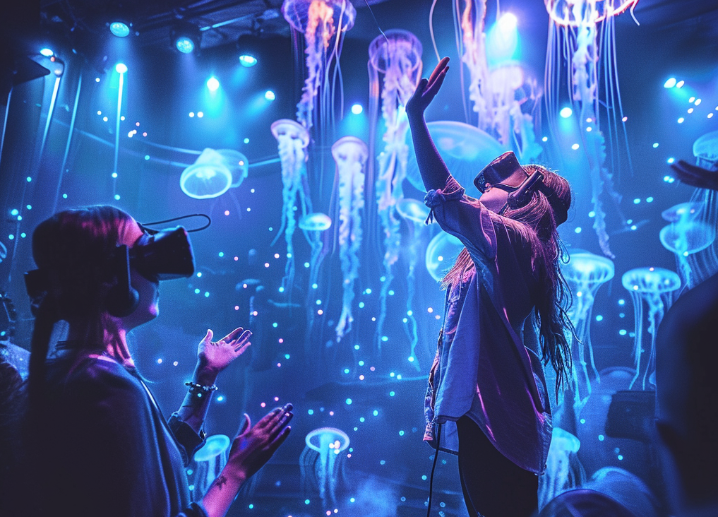 An image of people wearing VR headsets, looking at jellyfish.