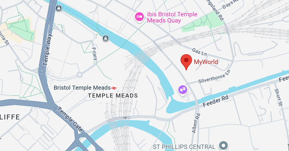 A screenshot of Google Maps, showing the The Temple Quarter Research Hub, pinned as MyWorld, just a short distance across the river from Bristol Temple Meads train station.